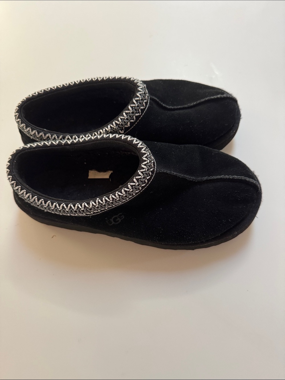 UGG Black Suede Slip-On Moccasin Slippers with Contrast Stitching